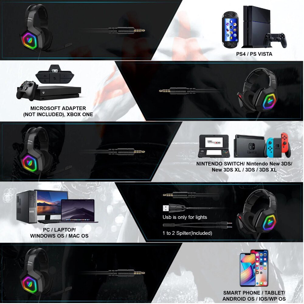 Casque de jeu gamer ONIKUMA K10 RGB filaire COMPatible pour PS4/ordinateur/adaptateur casque/ONE ONE S/tablette/téléphone portable