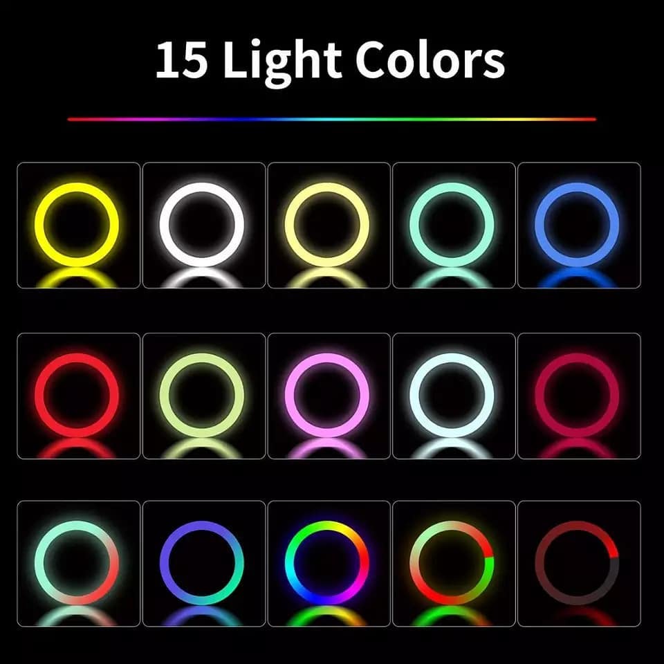 Ring light RGB original Ratko 45 Cm, 15 couleurs LED, support extensible jusqu’à 200 cm.