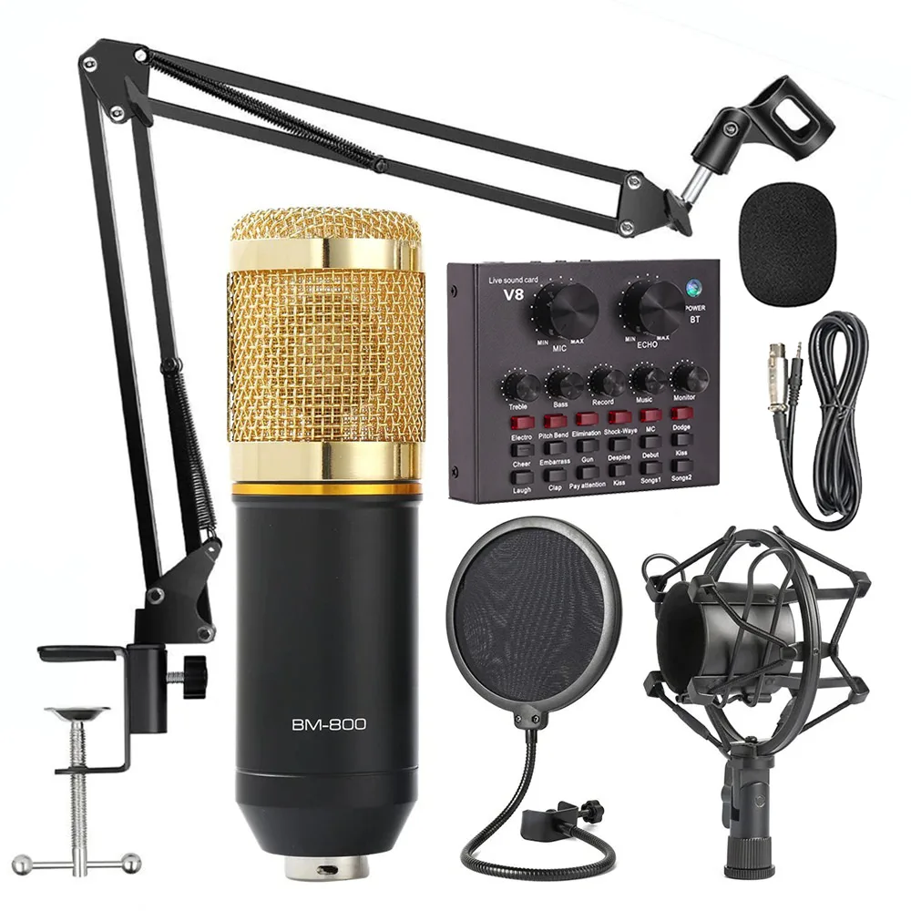 Pack Microphone Bm 800 avec carte son V8, avec support métallique de Microphone (stand à bureau) + pop filtre et câble