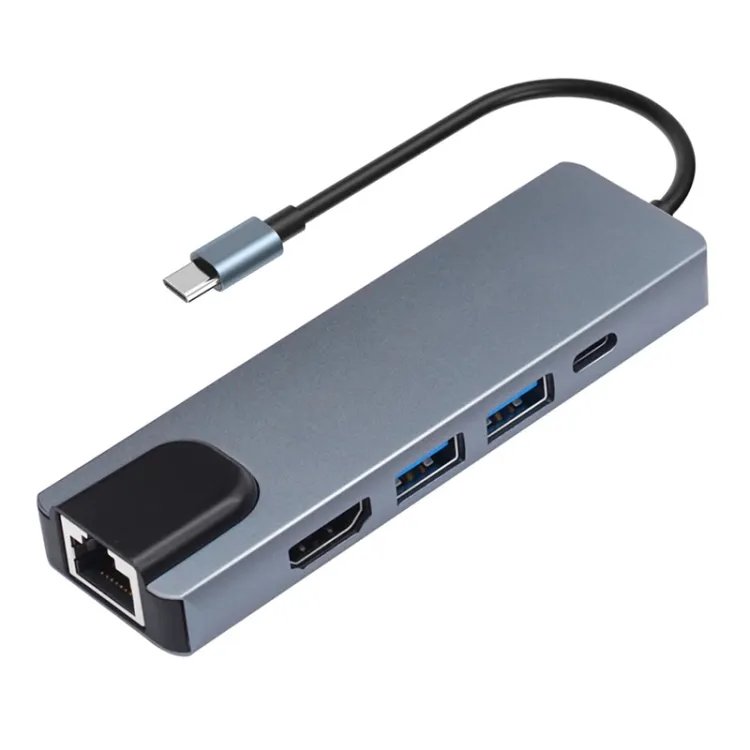 Adaptateur type C vers HDMI + double port USB hub 3.0 + port type C + Gigabit Ethernet Rj45 Lan adapter 5 en 1, cadran en Aluminium