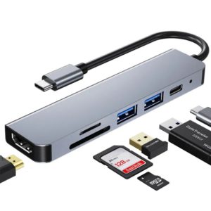 Adaptateur type C vers HDMI avec double port USB hub 3.0, port type C, lecteur de carte mémoire SD et micro SD, 6 en 1 adapter, cadran en Aluminium