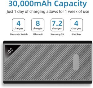 Power Bank Chargeur de téléphone portable 30000 mAh Batterie de secours externe haute capacité 4 ports USB Charge rapide Écran LCD et 3 entrées Powerpack pour iPhone Samsung iPad Huawei Nintendo Switch Tablet