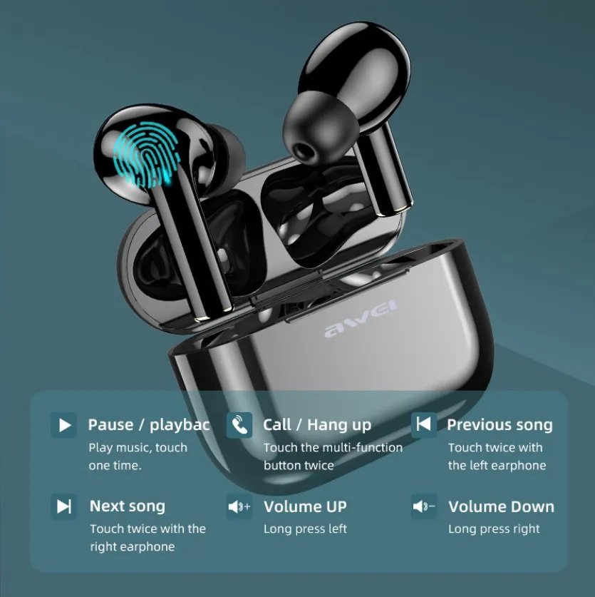 Awei Écouteurs intra-auriculaires sans fil T29 oreillettes Bluetooth TWS, charge rapide type-C, batterie de 7 – 8 heures de travail , avec microphone et mode de jeux (gaming mode)