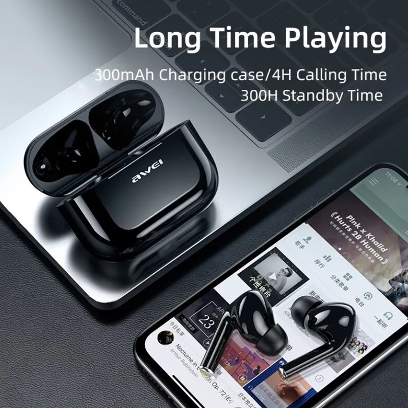 Awei Écouteurs intra-auriculaires sans fil T29 oreillettes Bluetooth TWS, charge rapide type-C, batterie de 7 – 8 heures de travail , avec microphone et mode de jeux (gaming mode)