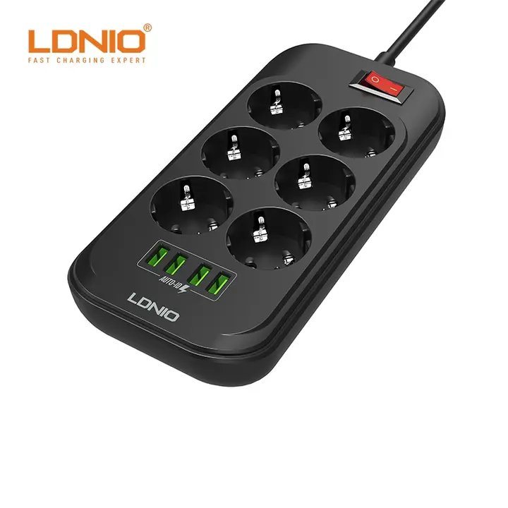Adaptateur Double prise 6 ports secteur avec chargeur à 4 ports USB charge  rapide auto ID Ldinio SE6403 support jusqu'à 2500W