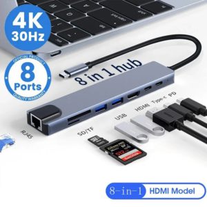 8 en 1 Adaptateur Hub USB C vers HDMI 4K, Lecteur de Cartes SD/TF, Ethernet RJ45 et Charge Rapide PD pour MacBook et Ordinateurs Portables