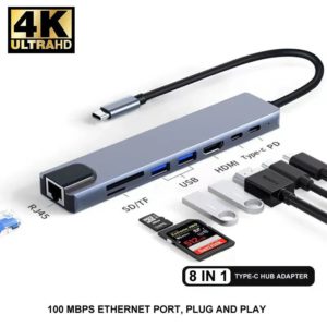 8 en 1 Adaptateur Hub USB C vers HDMI 4K, Lecteur de Cartes SD/TF, Ethernet RJ45 et Charge Rapide PD pour MacBook et Ordinateurs Portables
