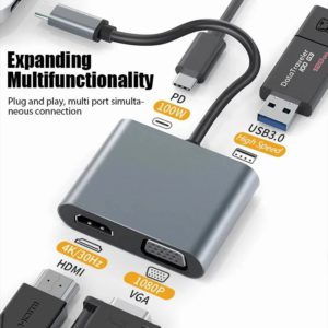 Adaptateur Type C vers HDMI et VGA, USB C Hub 3.0 4 en 1 4K chargement rapide pour ordinateur PC portable et MacBook