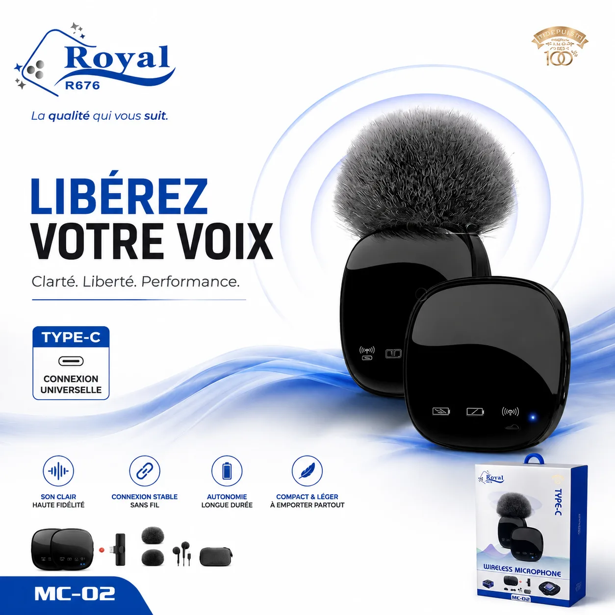 Royal MC-02 Type C Microphone Cravate Sans Fil 2.4G Vlog et Conférence – Image 2